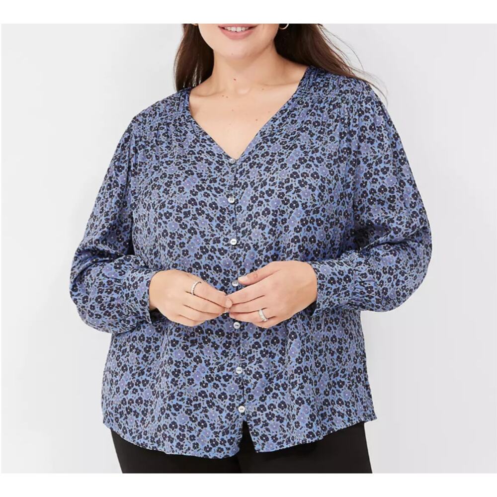 Lane Bryant Blue Floral Blouse Ruched Button-Front Knit & Woven Women Plus 22/24